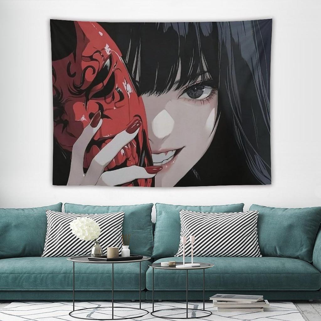 VIKAMA Dark Anime Girl with Hannya Mask Tapestry Japanese Yandere Style Wall Hanging for Bedroom Dorm Gaming Room Decor