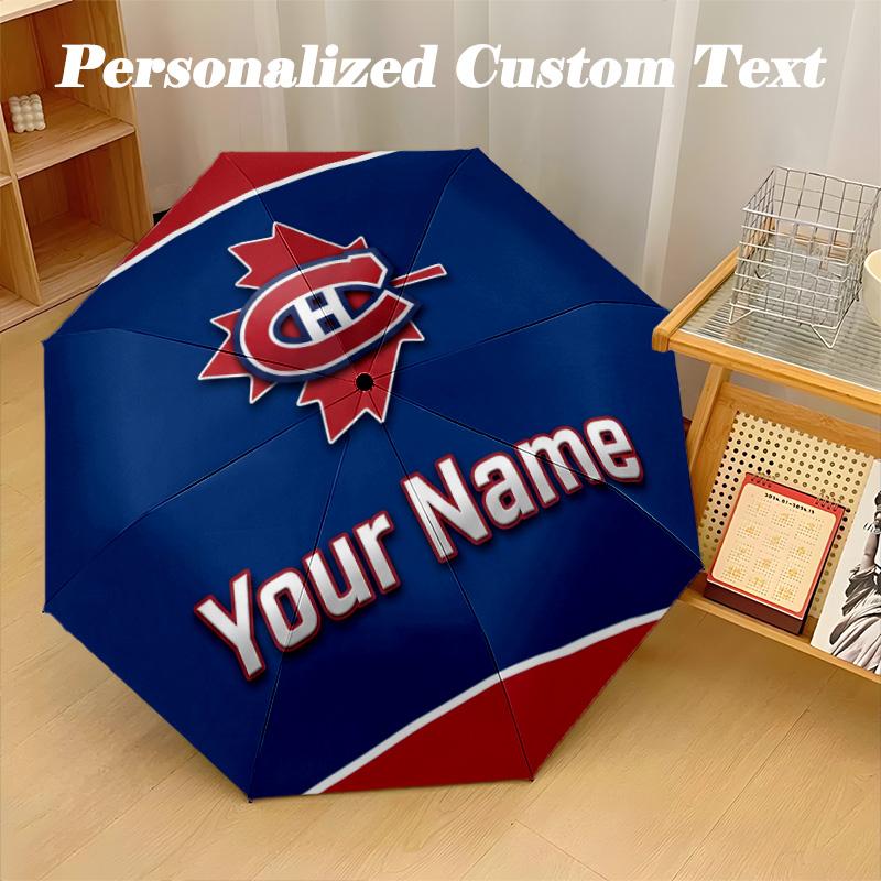 Montreal Canadiens Automatic 8‑ribs Umbrella, Custom Name Text Personalized Folding Umbrella Rain Sun Gift