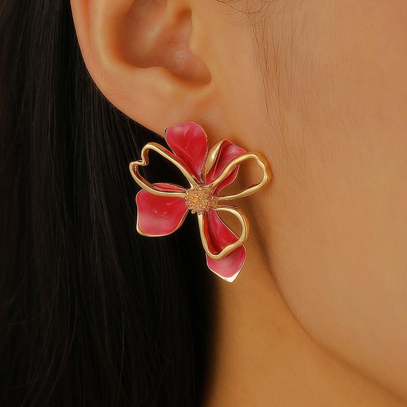 

Vintage Colored Drop Glazed Double-Layer Flower Stud Earrings for Women Temperament Unique Metal Petal Earrings Fashion Zircon розовый