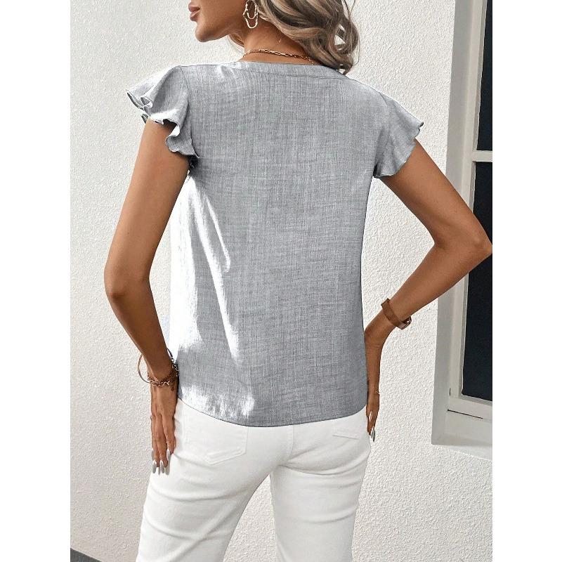 YYFS Blusas y camisas con cuello en V de manga corta con estampado de Color sólido informal de moda para mujer