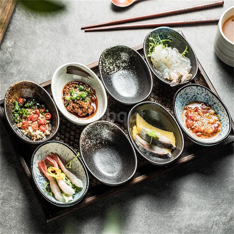 Ceramic Dim Sum Dish 100ML Japanese Retro Style Snack Bowl Household Creative Oval Hot Pot Dipping Sauce Plate Kitchen Utensils