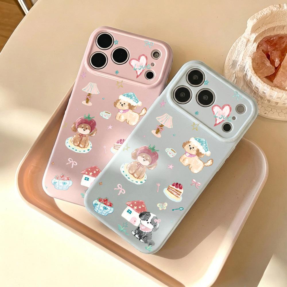 ins oil painting strawberry dog for iPhone16 apple 17 pro max mobile phone case 15 creative 14 cartoon 13 soft
