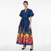 French Vintage Flower Maxi Dress Women Puff Sleeve V-Neck Elegant Floral Print High Waist Sashes A-Line Summer Beach Long Maxi Dresses