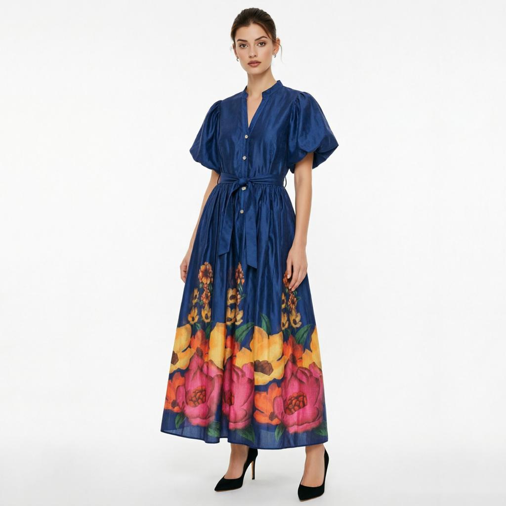 French Vintage Flower Maxi Dress Women Puff Sleeve V-Neck Elegant Floral Print High Waist Sashes A-Line Summer Beach Long Maxi Dresses