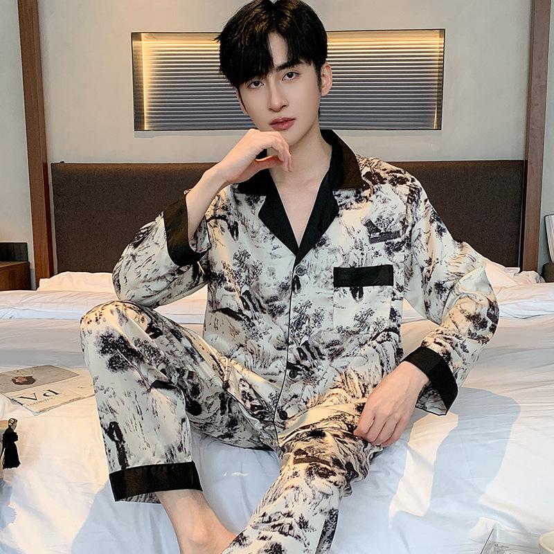 Ink Wash Painting Men Pajamas Suit Ice Silk Thin Summer Short-sleeved Satin National Style Loungewear Loose Sleepwear Male Gift