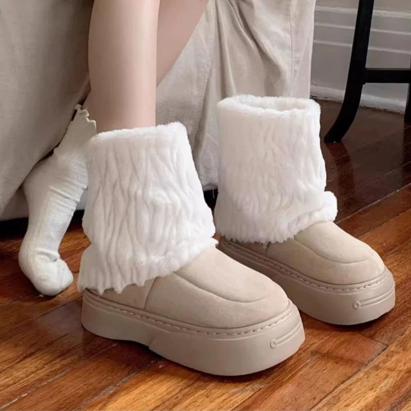 Fashion Furry Platform Snow Boots for Women Round Toe Height Increasing Non Slip Goth Trend 2025 High Quality Work Padded Woman Shoes