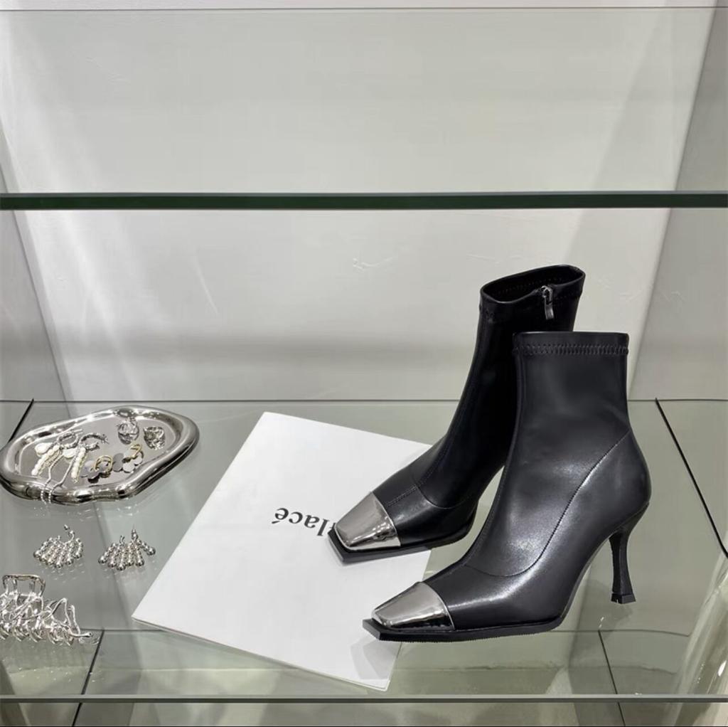 Autumn and Winter Fashion Side Zipper Boots European and American Style Metal Square Head Women's Boots Fine Heel High Heel Short Boots Women
