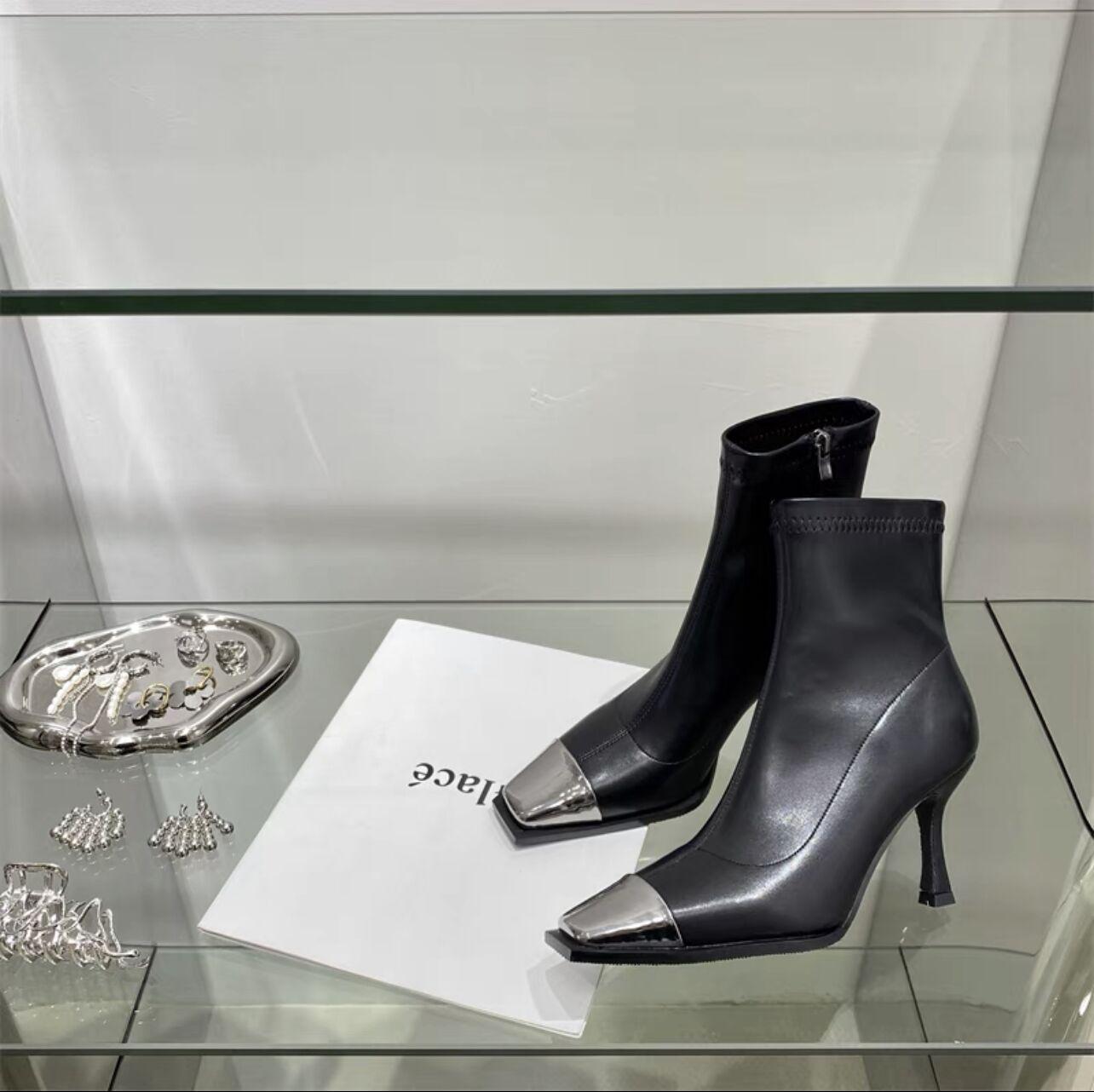 

Осенне-зимняя мода ботинки на молнии сбоку европейский и американский стиль металлический квадратный носок женские ботинки тонкий каблук высокий каблук короткие ботинки женские 39