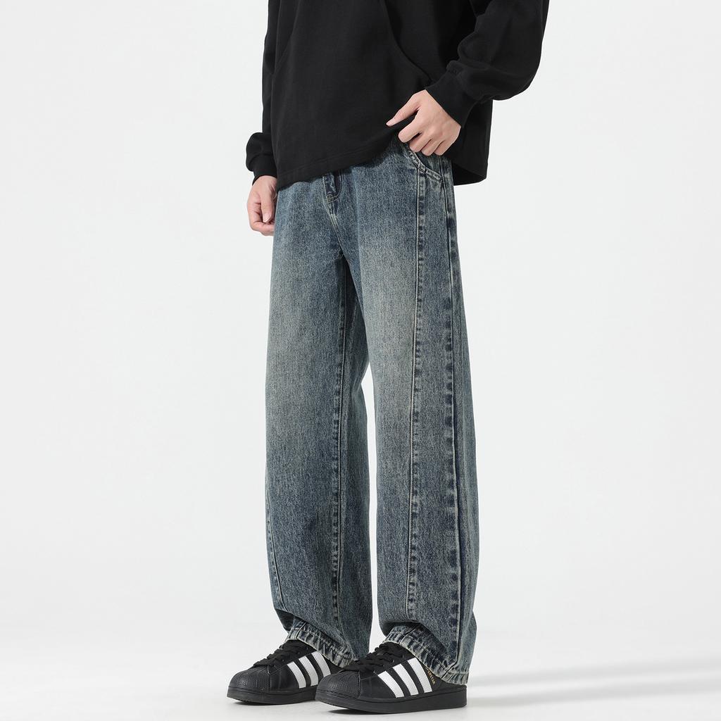 American Retro Trendy Brand Wide-leg Drape Jeans Men's Autumn and Winter New Loose Straight Splicing Long Pants