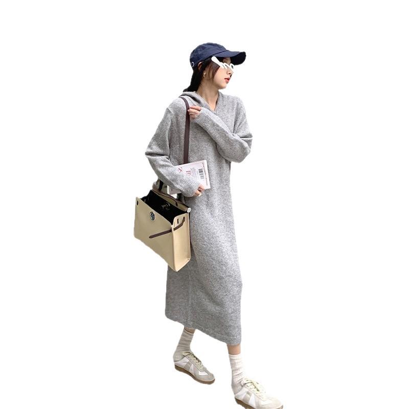 Women's Loose Hooded Knit Dress - Long-Sleeved, Autumn/Winter Style, Ideal as Inner Layer with Coat