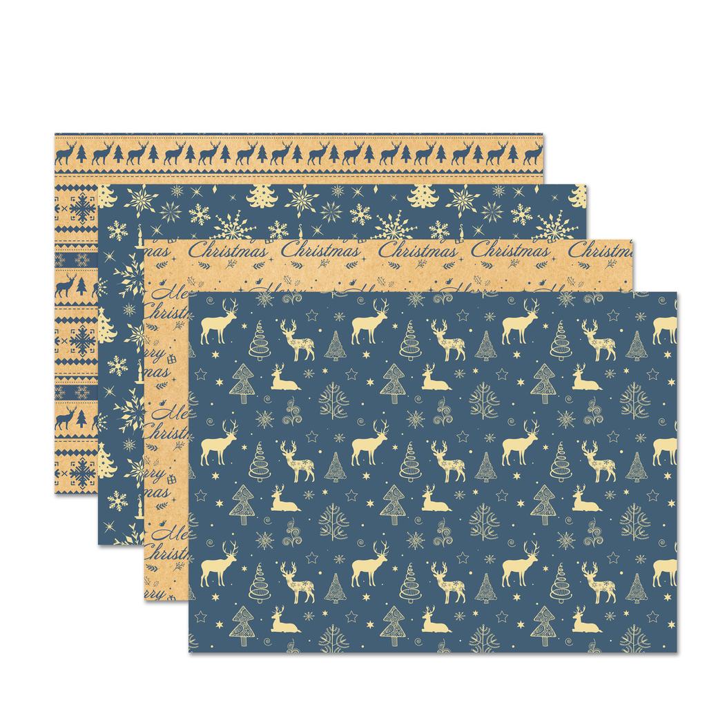 12 Sheets/set Christmas Wrapping Paper Reindeer Snowflakes Christmas Tree Pattern Kraft Paper Festival Gift Decorative Paper