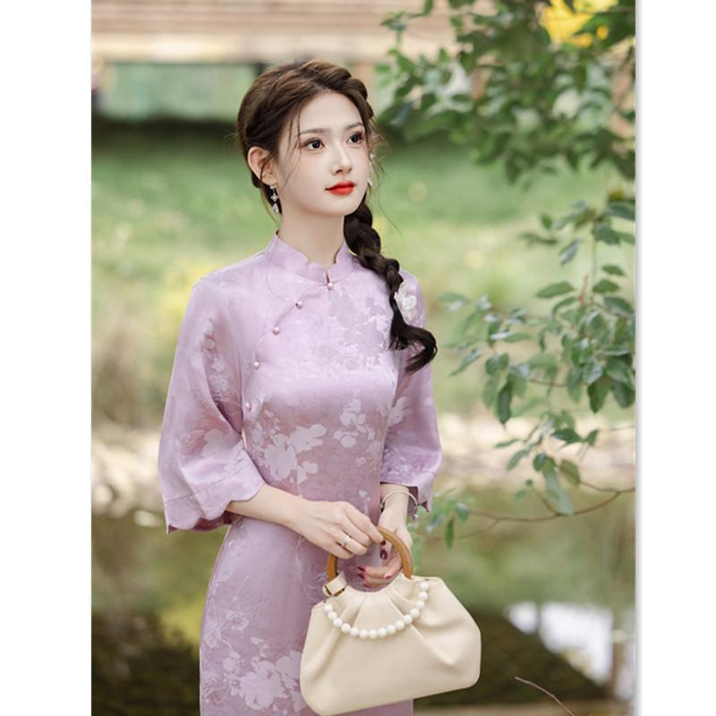 Suhang Cheongsam Improved New Chinese Long Inverted Large-sleeved Cheongsam Spring and Summer New Daily Jacquard Cheongsam