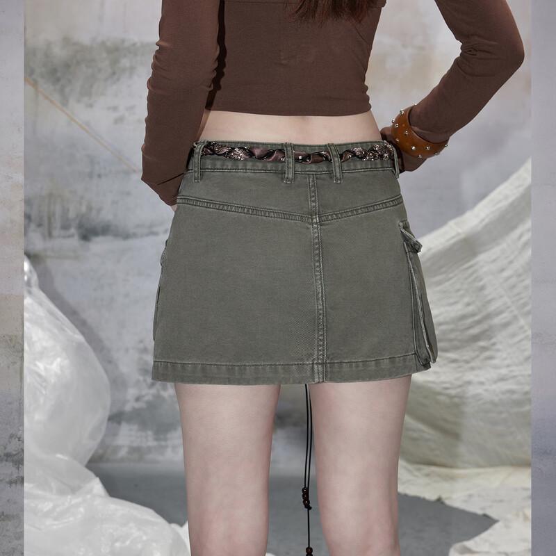 UNIFREE Retro Workwear Multi-Pocket Washed A-Line Skirt