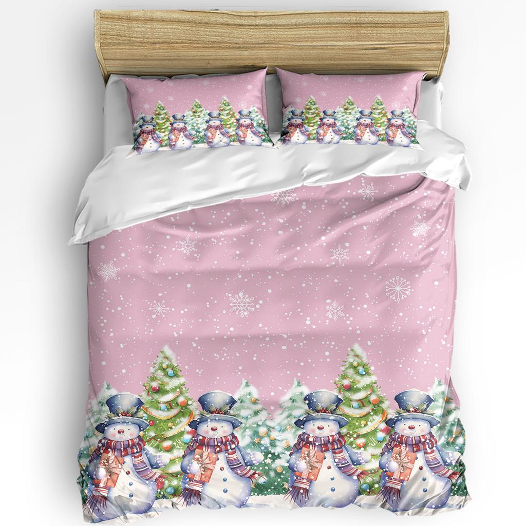 Christmas Snowman Pink Christmas Tree 3pcs Bedding Set For Double Bed Home Textile Duvet Cover Quilt Cover Pillowcase