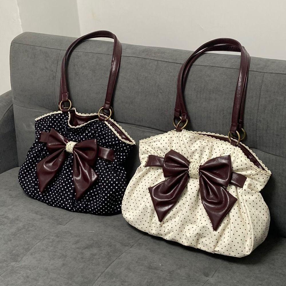 Trendy Vintage Women's Bow Handbag Aesthetic Dot Y2k Lady Shoulder Bags All Match Casual Chic Ins Underarm Bag Streetwear