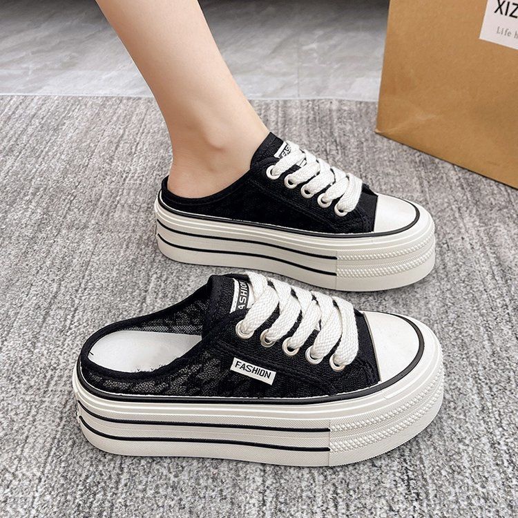 

2025 summer new Internet celebrity lace bag head half slippers women wear thick bottom versatile breathable mesh half slippers 40 чёрный