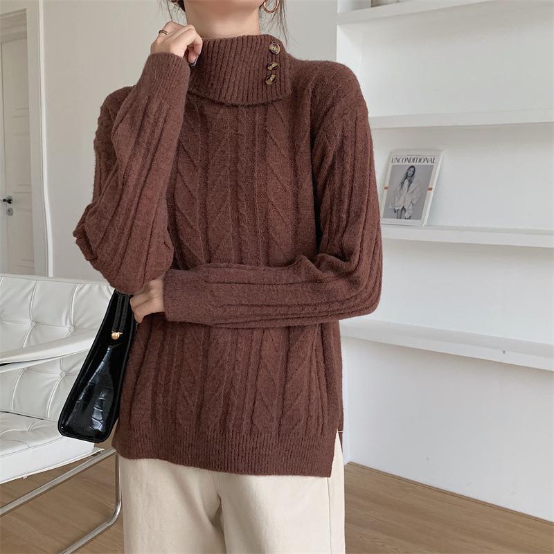 QICED Autumn and Winter Design Sense of Niche Turtleneck Sweater Women Loose Simple Style Thickened Inside The Knit Shirt Twist Top