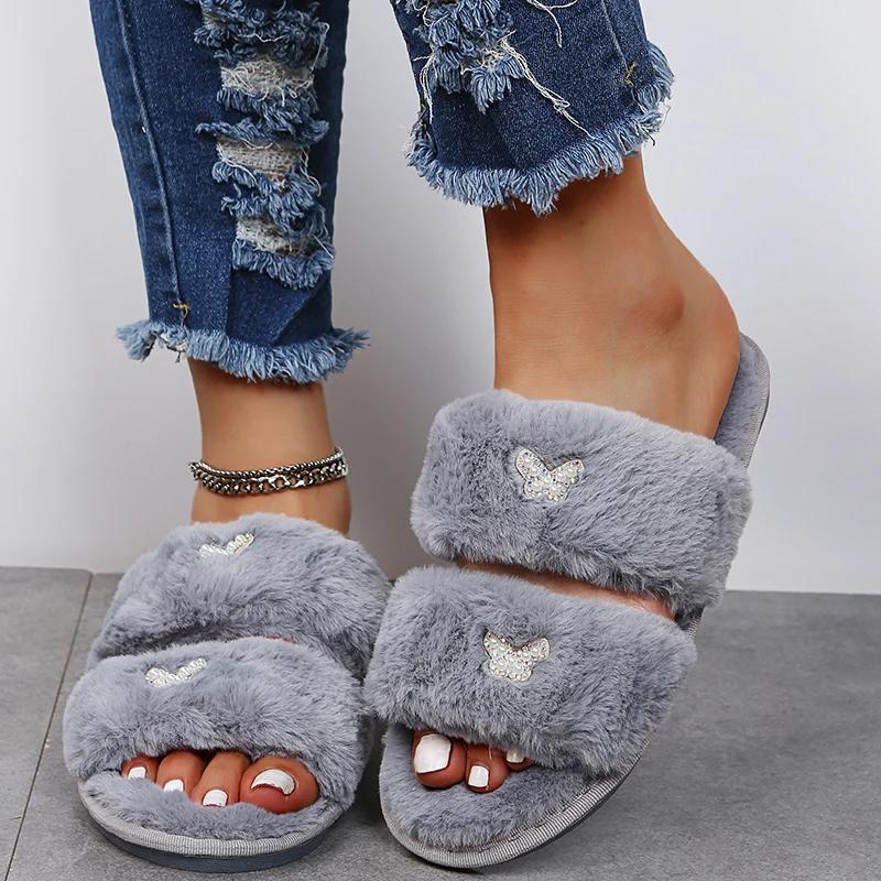 Fashion Stylish Thicken Plush Flat Slippers for Women House Bow Knot Decor Flat Slippers Woman Winter Non Slip Comfort Sandals Female