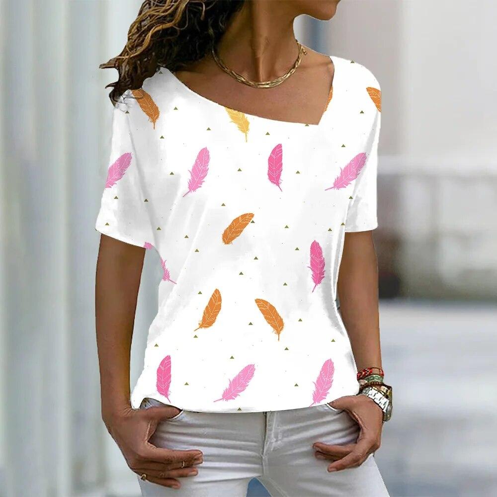 

Женская футболка с коротким рукавом с наклонным вырезом и принтом перьев, модные топы с короткими рукавами, летняя женская одежда больших размеров, футболки в стиле Харадзюку M