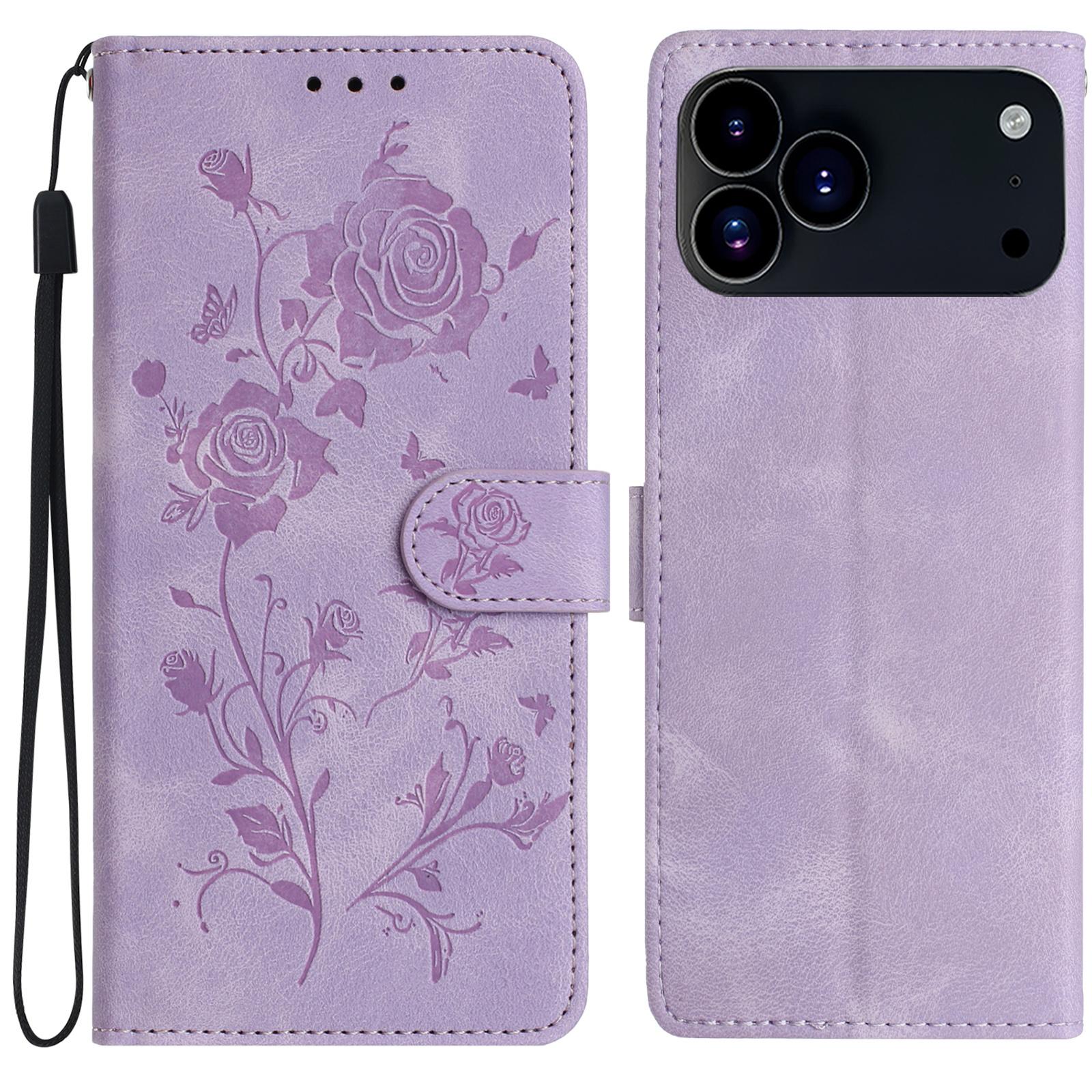 

For iPhone 17 Pro Max Wallet Case Rose Pattern Imprinted Leather Flip Stand Phone Cover with Strap Light Purple