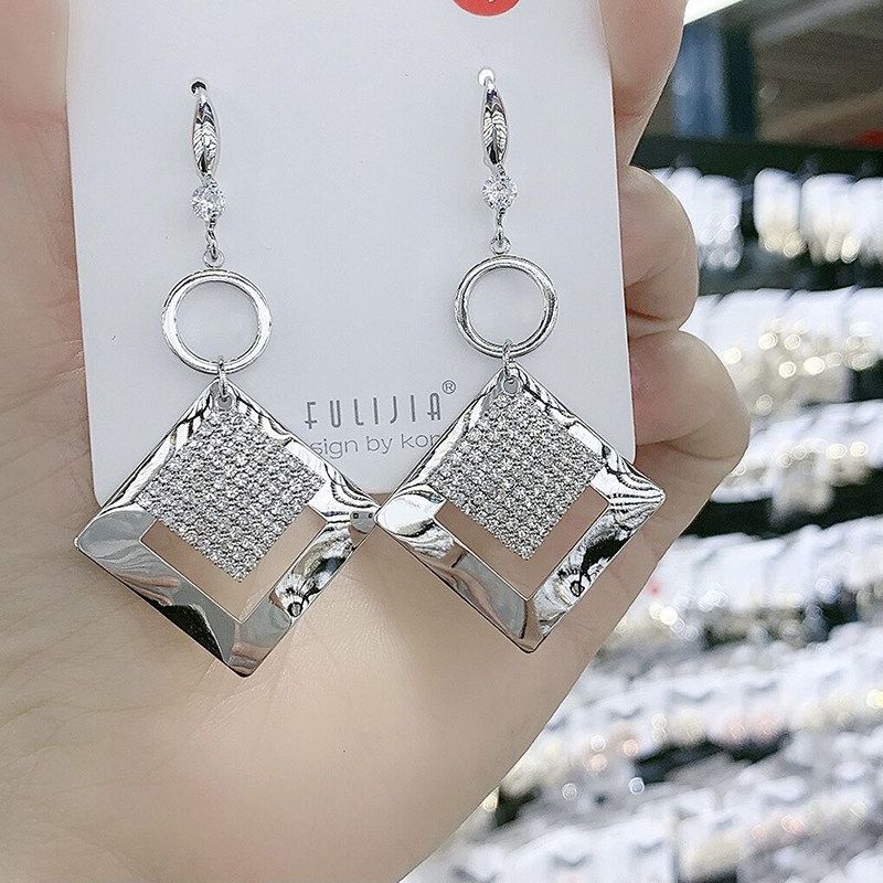 European and American Personalized Women s Trendy Square Geometry Large Earrings Silver