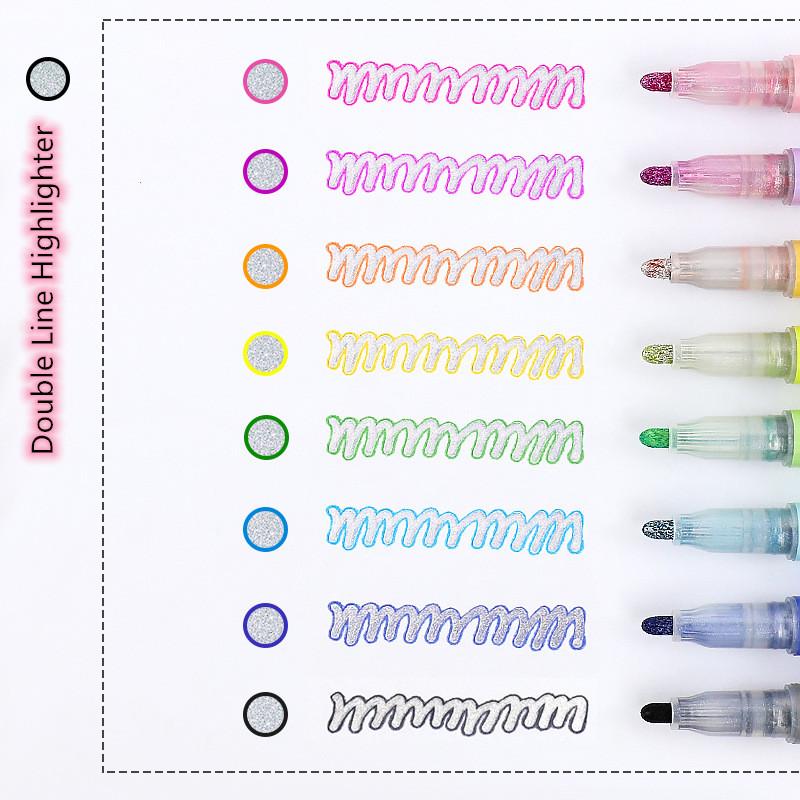 8pcs/set Colorful Double Line Pen Highlighter Fluorescent Marker Candy Color Student Multicolor Hand Note Pen For School Poster
