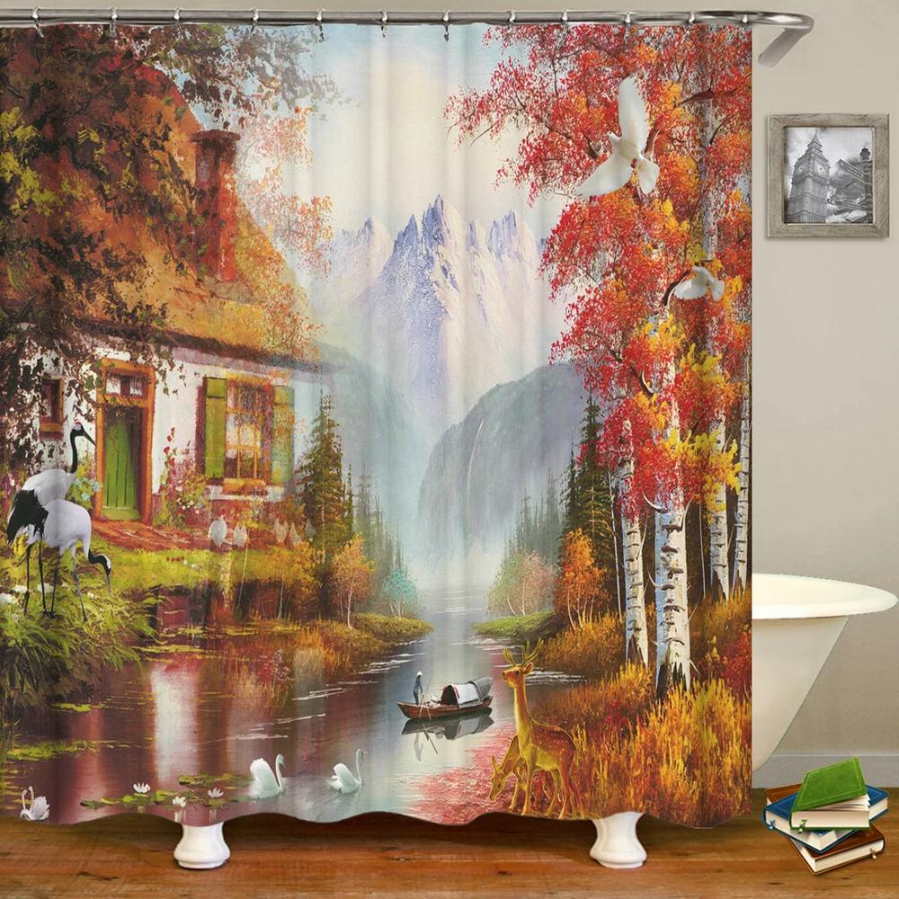 Town Street Scenery Shower Curtains Home Decor Polyester Fabric Bathroom Shower Curtains Oil Painting Waterproof Bath Curtains