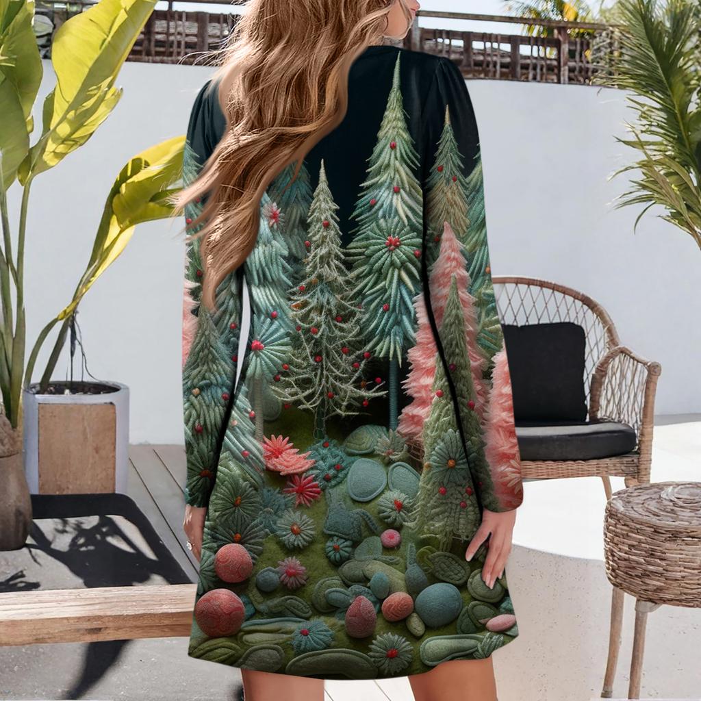Women's Christmas Printed Dress Loose V-neck Casual Long Sleeved Dress