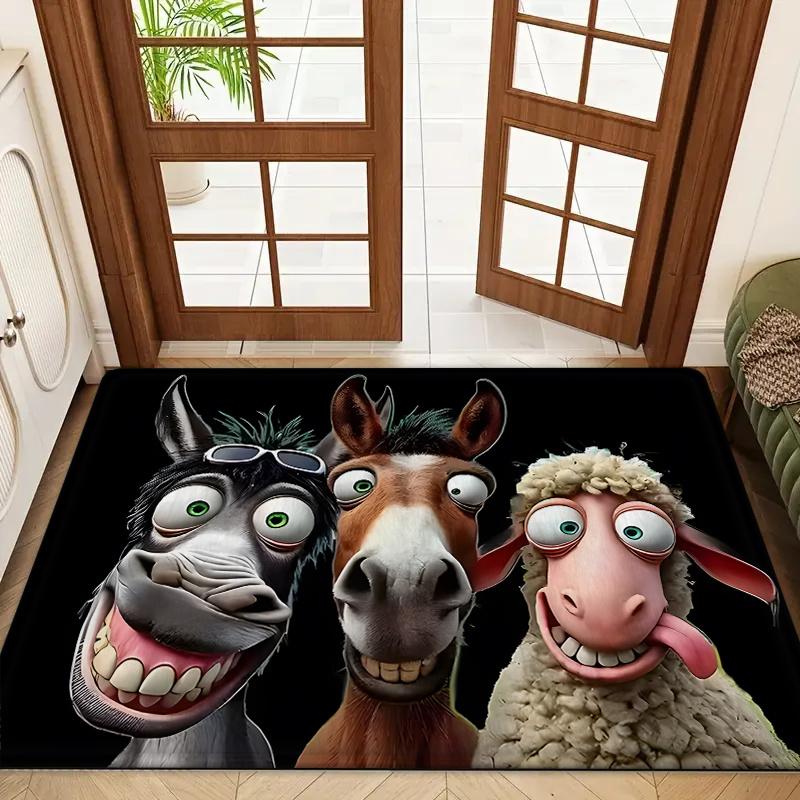 2D Flat Funny Farm Animals Donkey Horse Sheep Selfie Flannel Door Mat Non Slip Cartoon Rug For Kids Room Entryway Floor