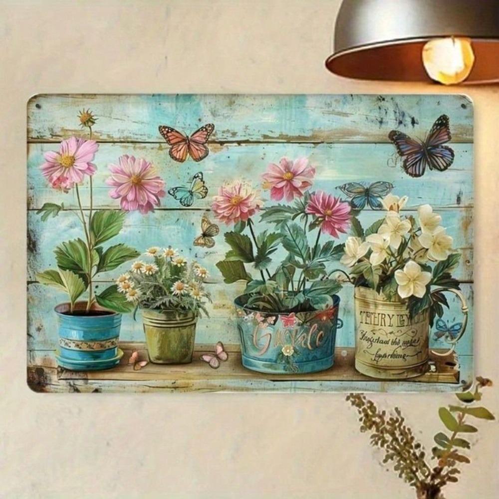 Vintage Metal Poster Butterfly Plant Wall Art