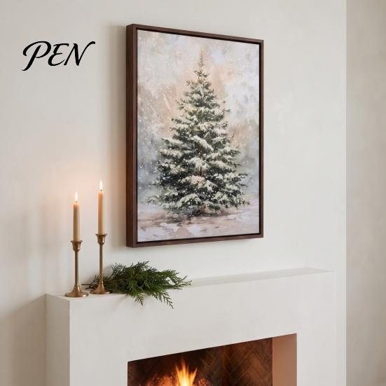 Decorative Christmas Tree Painting Wall Art, Light Up Snowy Pine Artwork, Rustic Framed Gift for Bedroom Office Canvas Art Farmhouse Home Kitchen