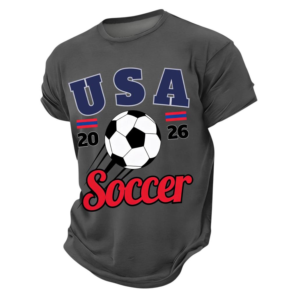 Men’s Casual Crew Neck Printed Short Sleeve Lightweight Breathable Top with USA 2026 Soccer Letter Graphic Design