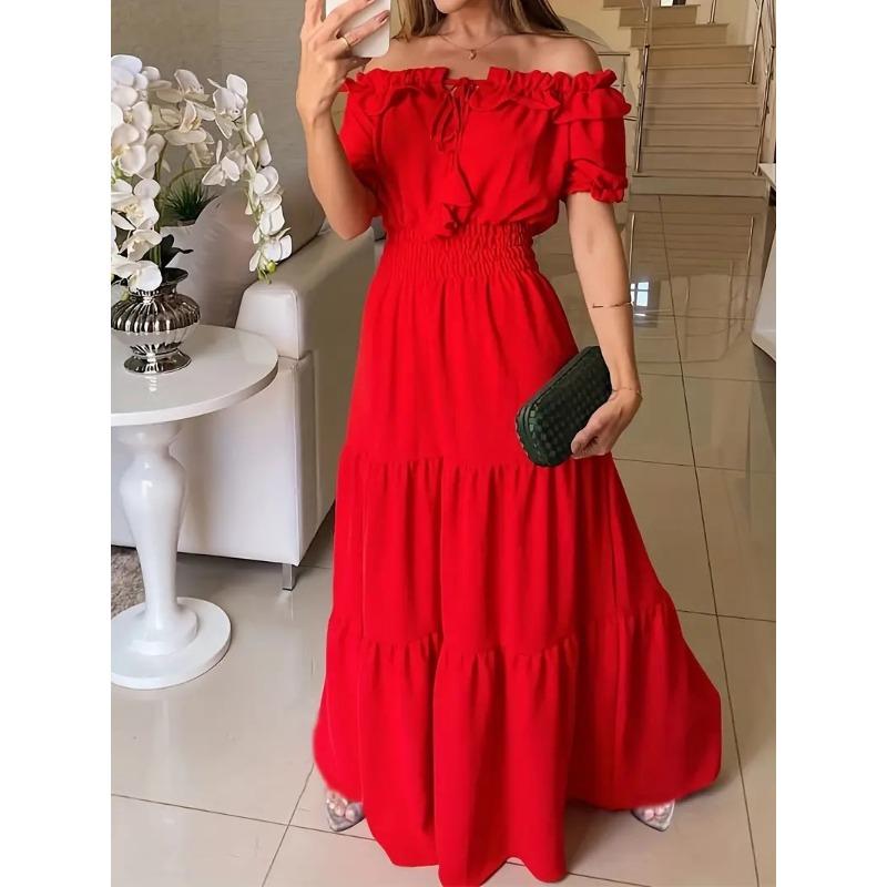 Women's Fashion Summer Spring Solid Color Print Short Sleeve One Shoulder High Waist Casual Dresses