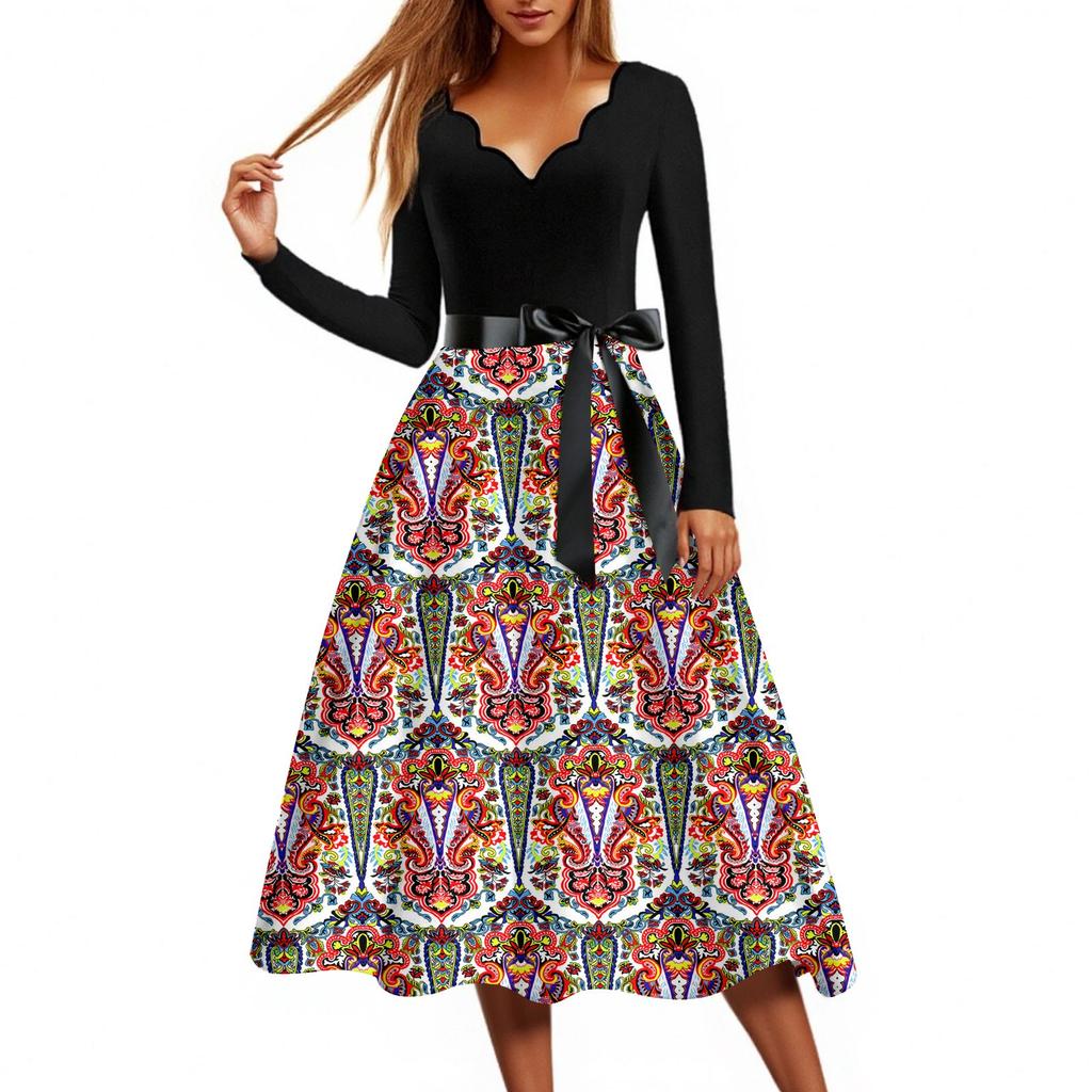 Women's Casual Fashion Floral Print Wave V Neck Vintage Dress