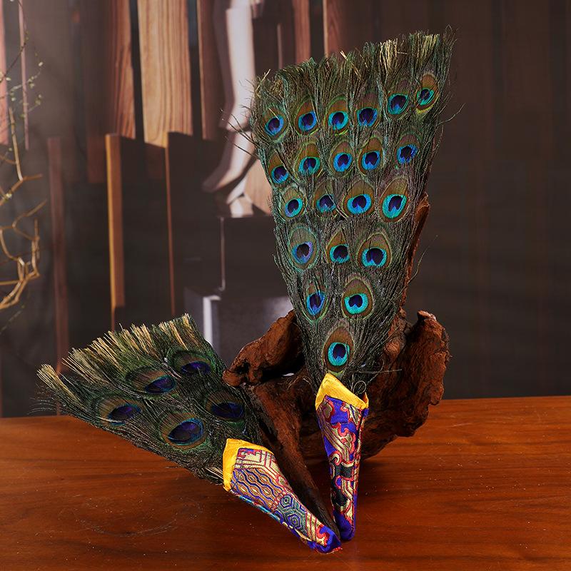 Tibetan Nepalese Bumpa Vase Fan Peacock Eye Feather Decor Handmade 7 10 15 Eyes