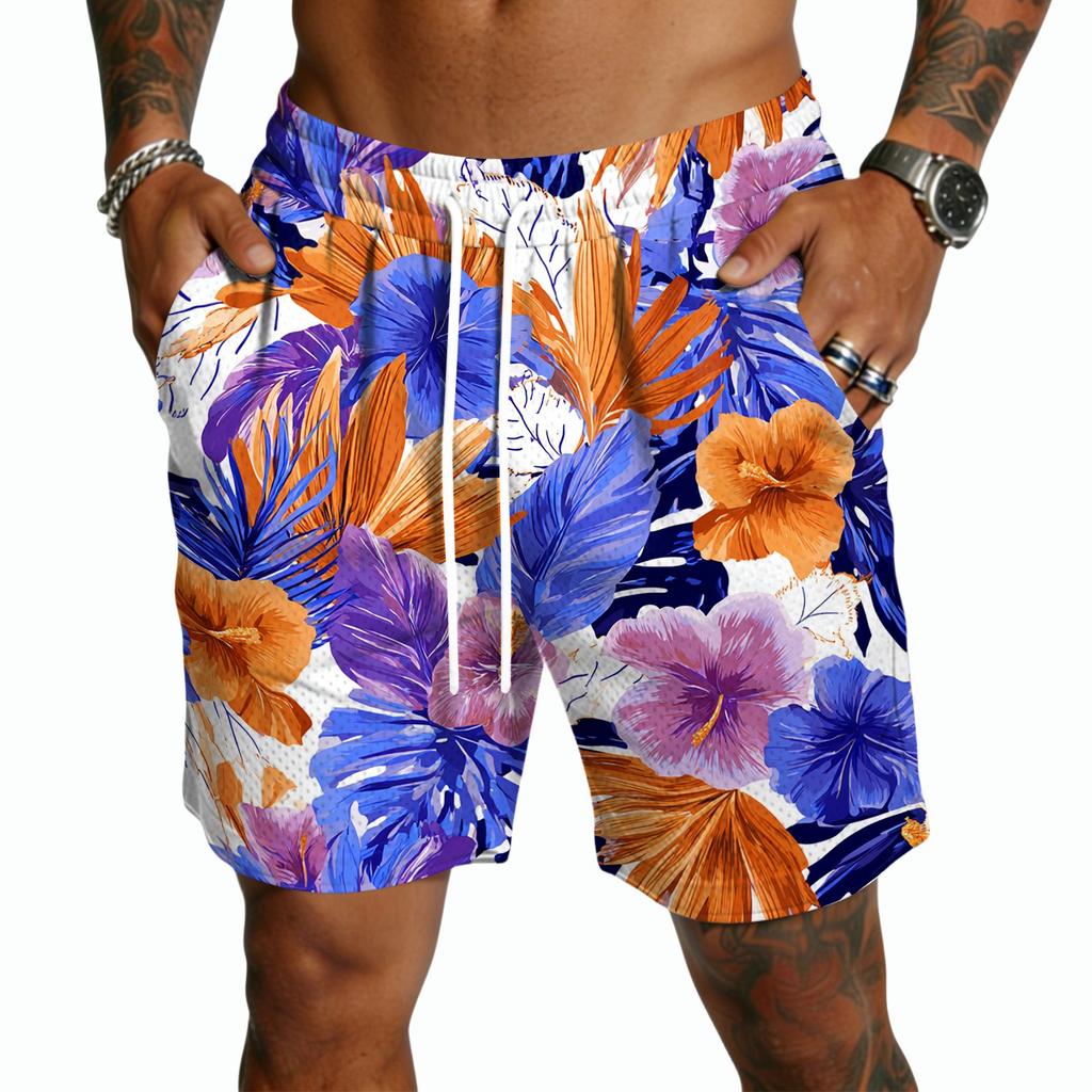 Pantaloncini da uomo a stampa hawaiana ad asciugatura rapida - Pantaloncini casual leggeri con coulisse e tasche, Costumi da bagno estivi da spiaggia di media lunghezza