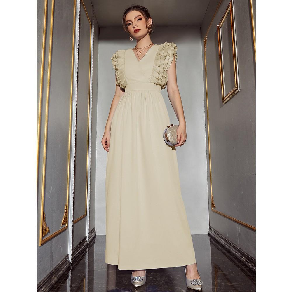 

Женское однотонное платье с V-образным вырезом и рукавами-воланами, весна/лето 2025 Small абрикосовый