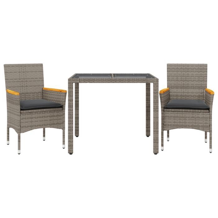 VidaXL Ensemble à manger de jardin et coussins 3 pcs gris rotin verre, ensemble de salle à manger d'extérieur, meuble de 3278651