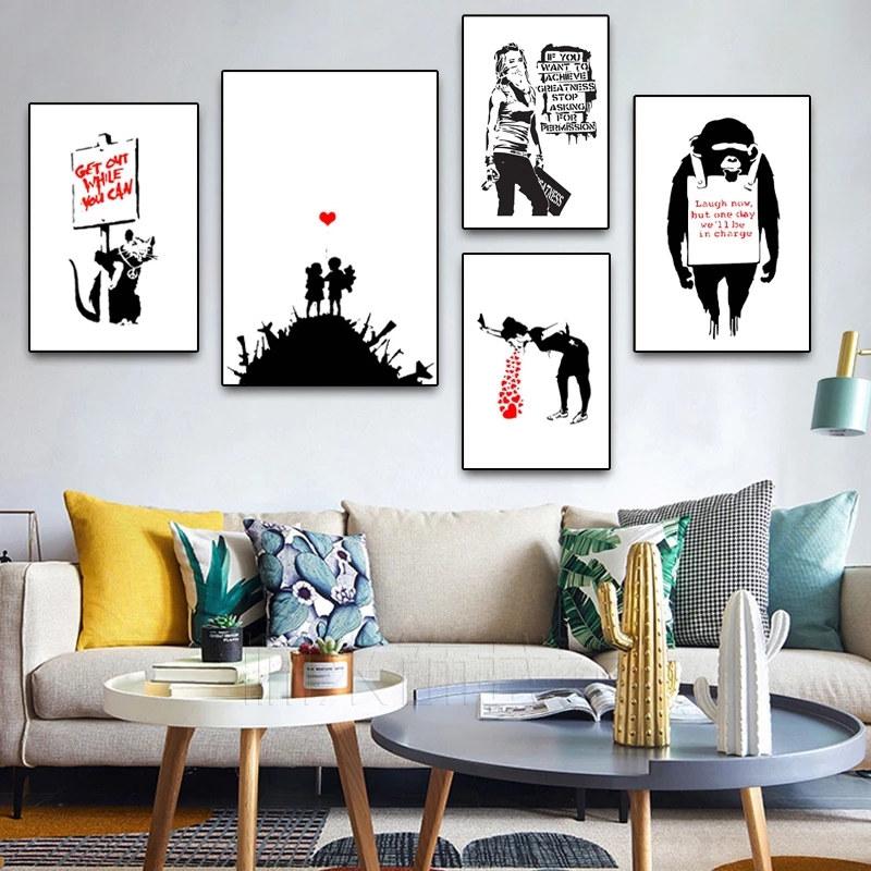 Banksy Graffiti Artwork Canvas Painting Girl With Red Balloon Poster Black White Abstract Wall Pictures for Nordic Home Decor