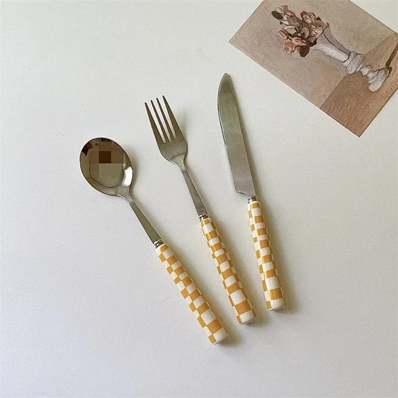 Japanese Korean Checkerboard Knife Fork Spoon Western Dessert Tableware Set Steak Knife Stainless Steel Ceramic Handle Cutlery