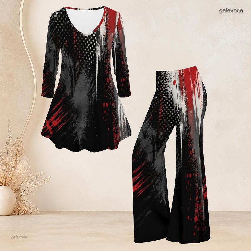 Women Plus Size Black Pink Purple Printed V Neck Three Quarter Sleeve Flared Top Flared Pants Two Piece Set