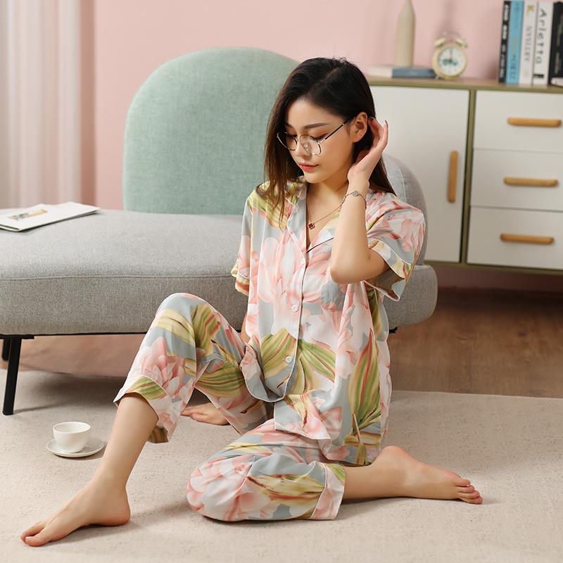 Cotton and silk pajamas women's spring and summer short-sleeved large-size suit spring and autumn thin cartoon printed loungewear