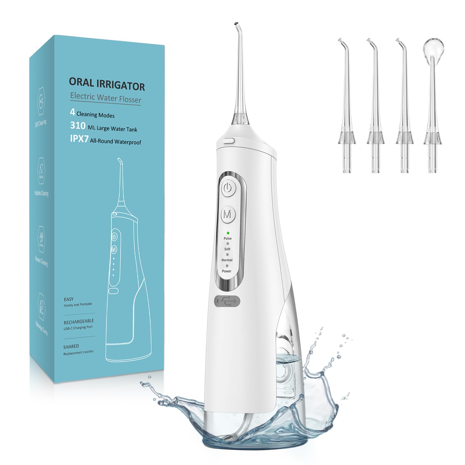 

Ирригатор для полости рта ANWALE с 4 сменными насадками, 4 режимами подачи воды, резервуаром 310 мл, USB-перезаряжаемый, водонепроницаемый IPX7, белый