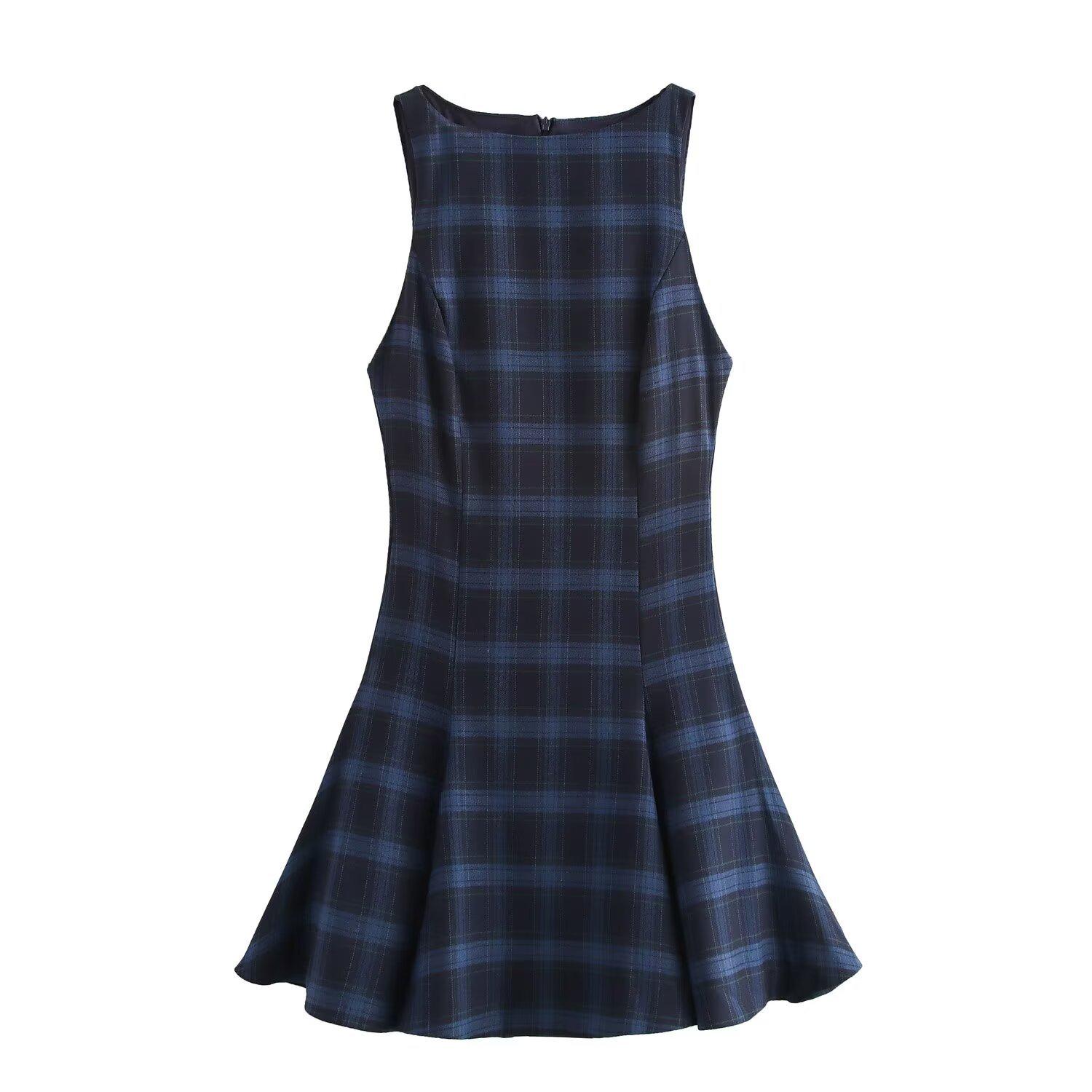 

2025 Spring Women s Slimming Sleeveless Plaid A-line Dress Extra Small темно-синий