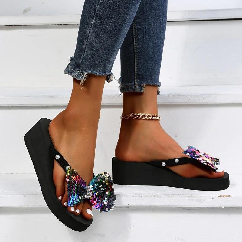 Fashion 2025 Stylish Peard Decro Flip Flops for Women Summer Bow-Knot Slippers Woman Non Slip Soft Bottom Platform Slides Female