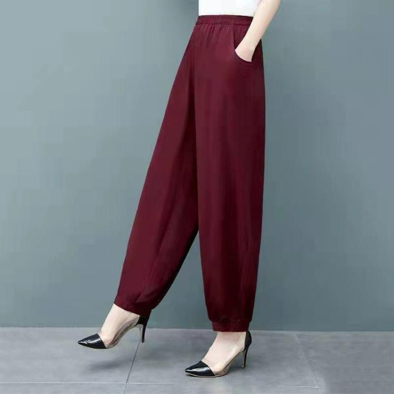 Summer Thin Cotton Silk Mother Pants Solid Color Bloomers Large Size Wide-leg Women's Pants Elastic Waist Trousers