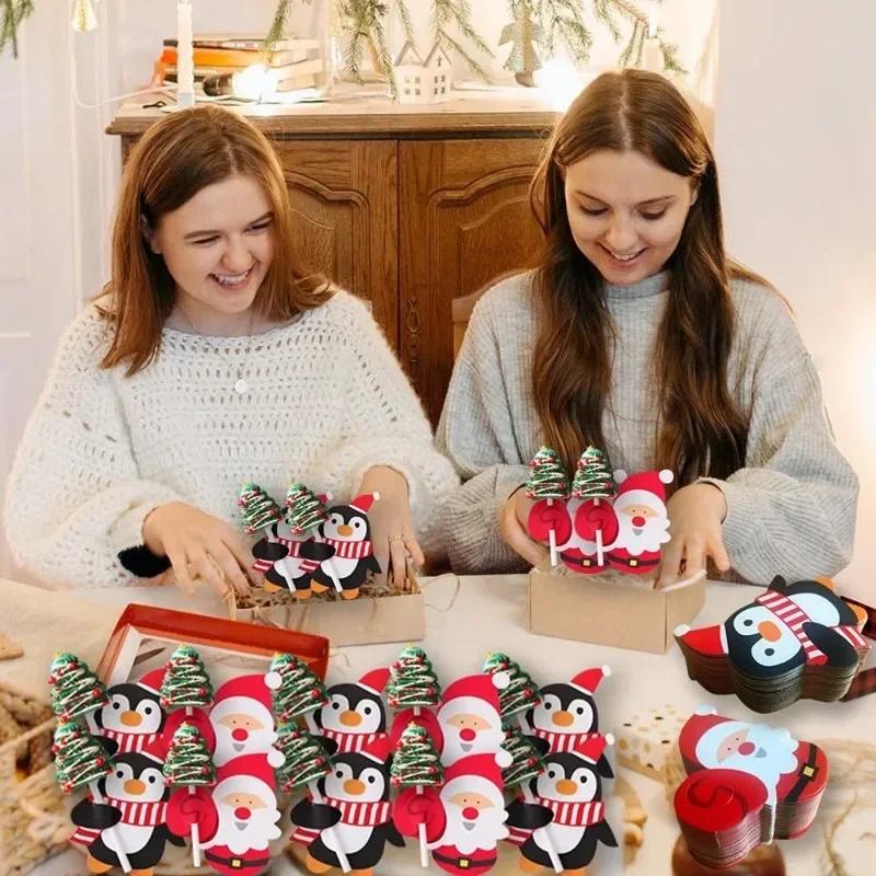 1000/25PCS Christmas Lollipop Paper Cards Cartoon Santa Claus Penguin Snowman Candy Package Wrapping Card New Year Party Decor