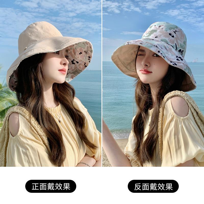 Flower bucket hat women's spring and summer sunscreen sunshade UV protection casual big eaves cover face big head circumference double basin hat