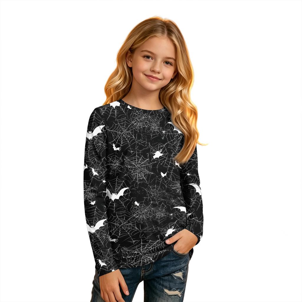 Kids' Long Sleeve Halloween Print T-Shirt with Round Neck for Everyday Wear