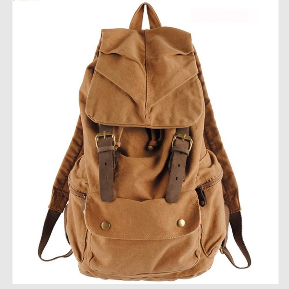Leather Bag Men's Army Green Fashion Vintage Leather Military Canvas Backpack School Bag Drawstring Backpack Wo Bagpack Rucksack Teenager Mochila